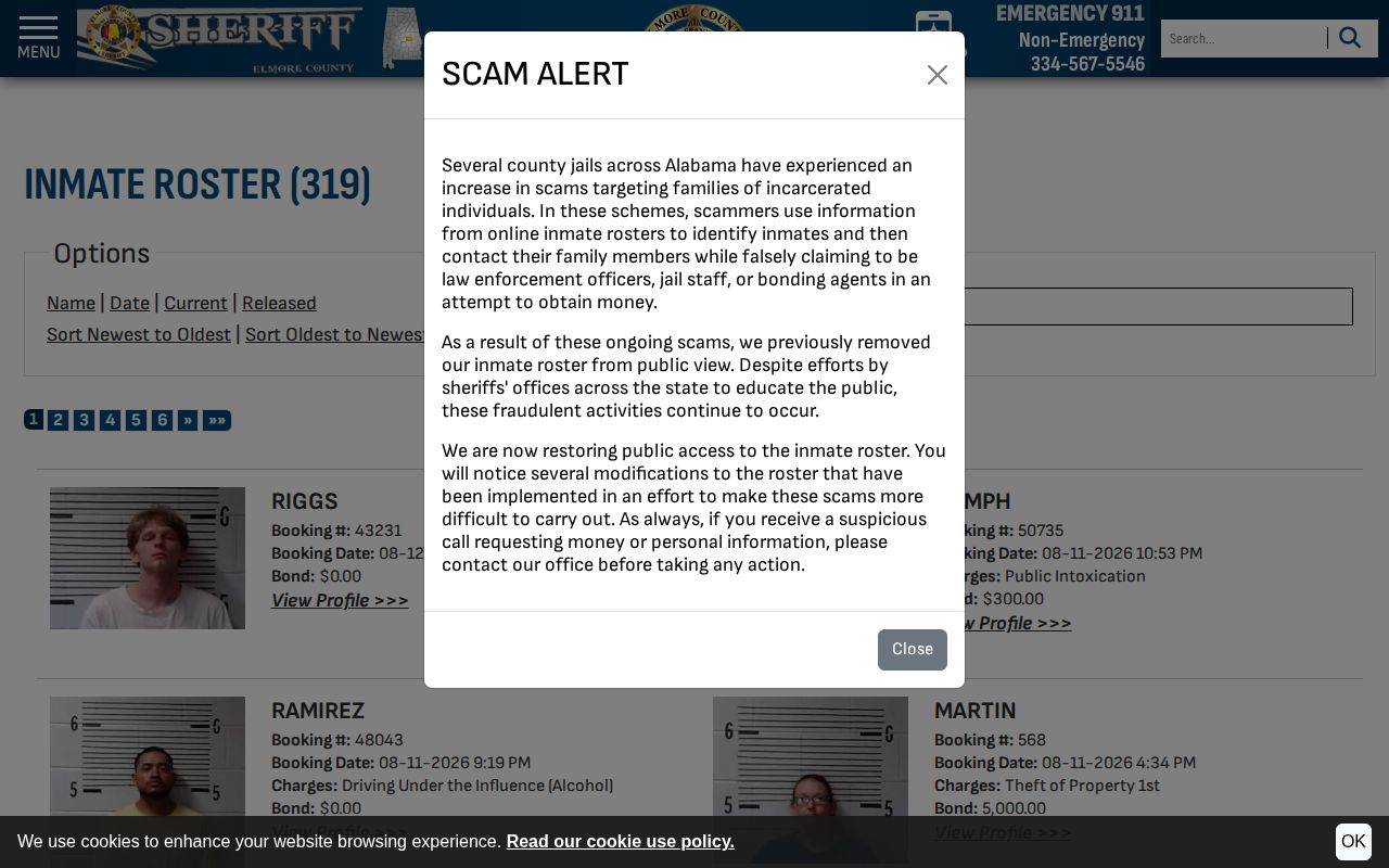 Elmore County current custody search for booking and mugshot records
