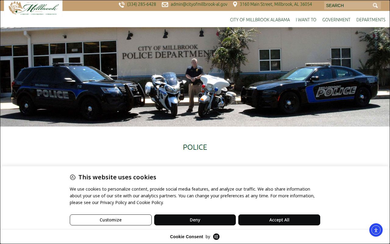 Millbrook Police Department arrest records contact page in Elmore County