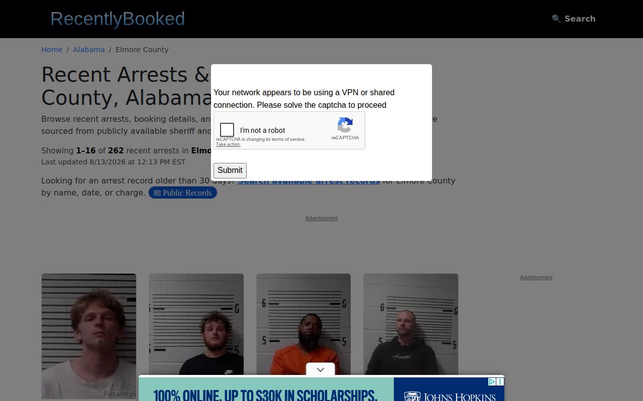 Unofficial Recently Booked Elmore County mugshot index landing page